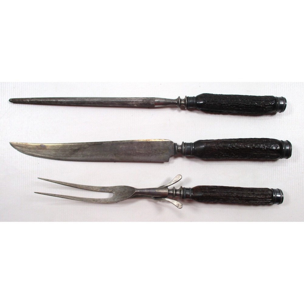 Vintage 3 Piece Carving Set Universal L.F. & G. Stag Horn Handle